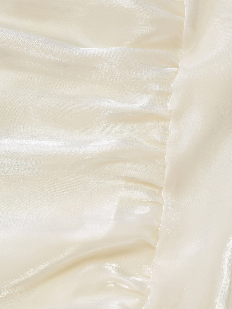 Weiß 1940er Satin Gestuft Spaghetti Gurt Gerüschtes Kleid