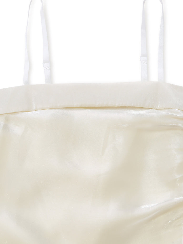 Weiß 1940er Satin Gestuft Spaghetti Gurt Gerüschtes Kleid