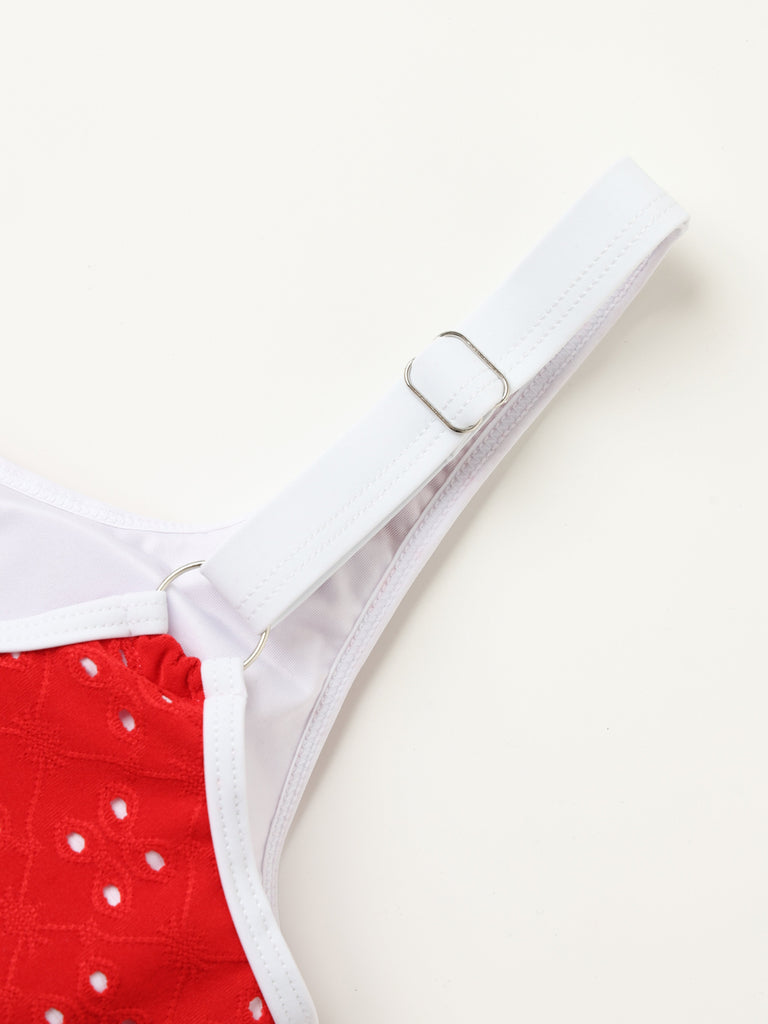 Tankini-Set mit Lochstickerei, hohem Bund und Farbblock-Design aus den 1940er Jahren – Vintage-Mode, Retro-Stil
