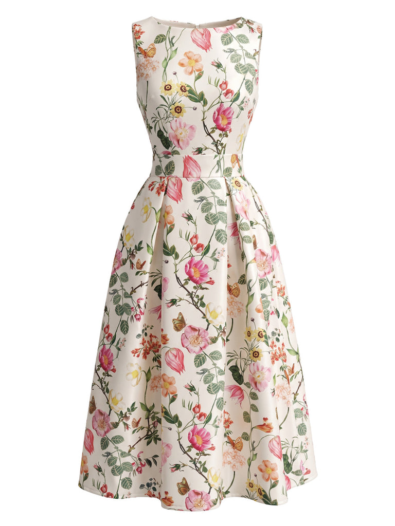 40er Ärmelloses Kleid mit Blumen-Print und Bootskragen