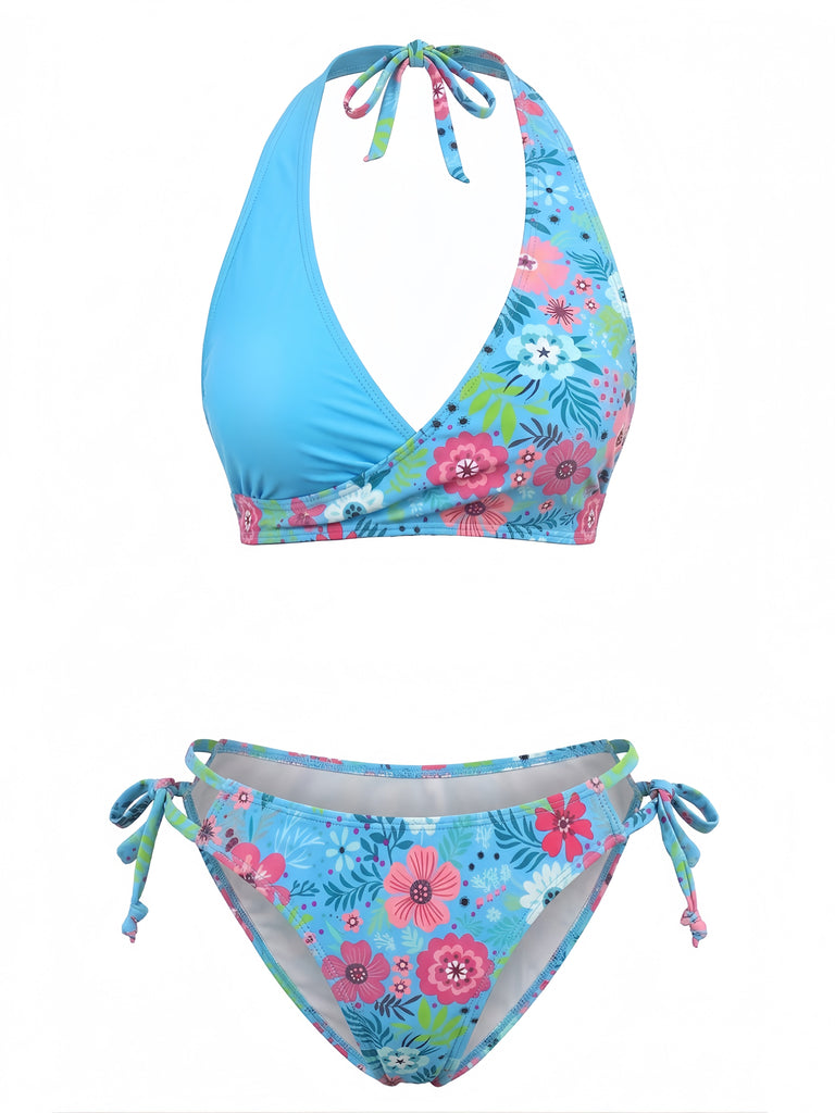 1940er Blumen Drucken Halfter Bikini-Set