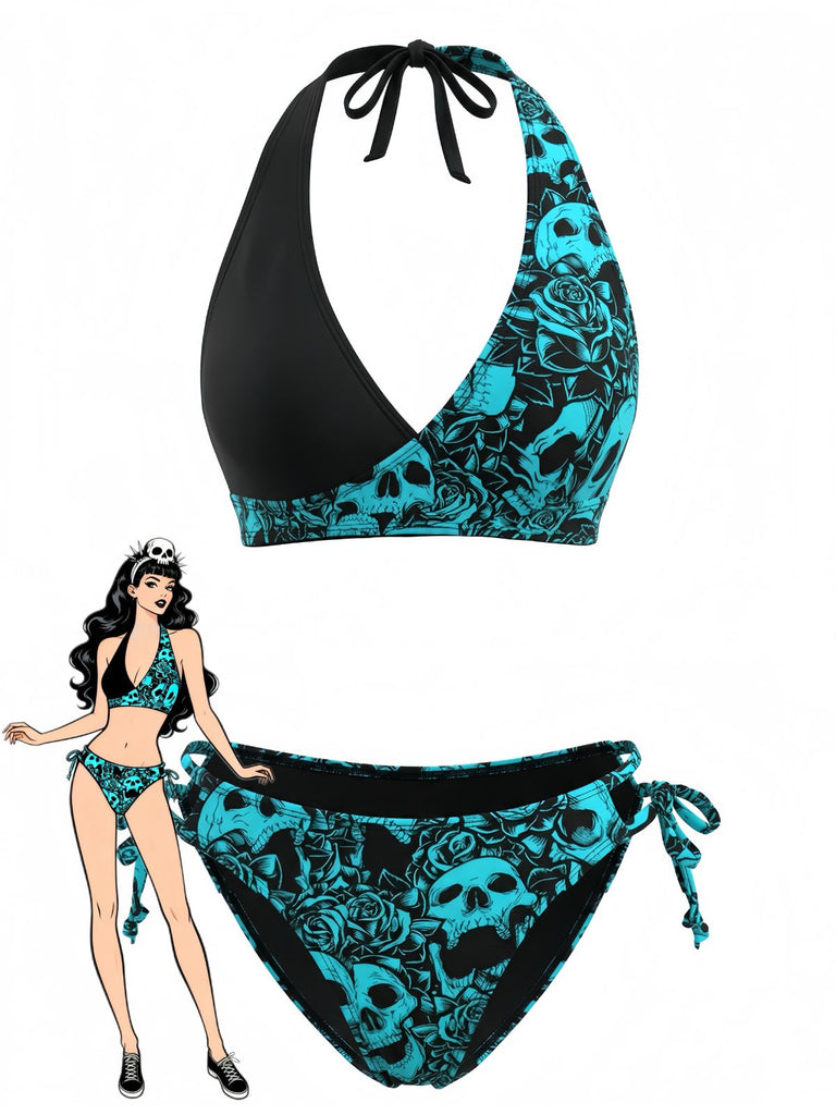 1940er Blumen Drucken Halfter Bikini-Set