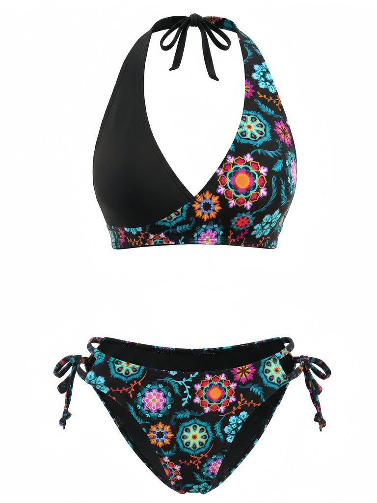 1940er Blumen Drucken Halfter Bikini-Set