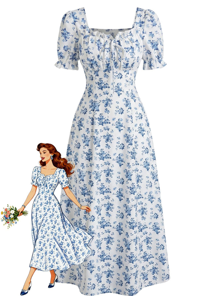 40er Midikleid mit Puffärmel und Blumen