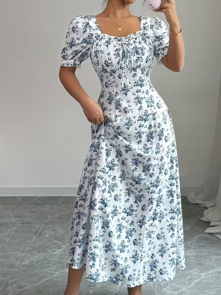 40er Midikleid mit Puffärmel und Blumen