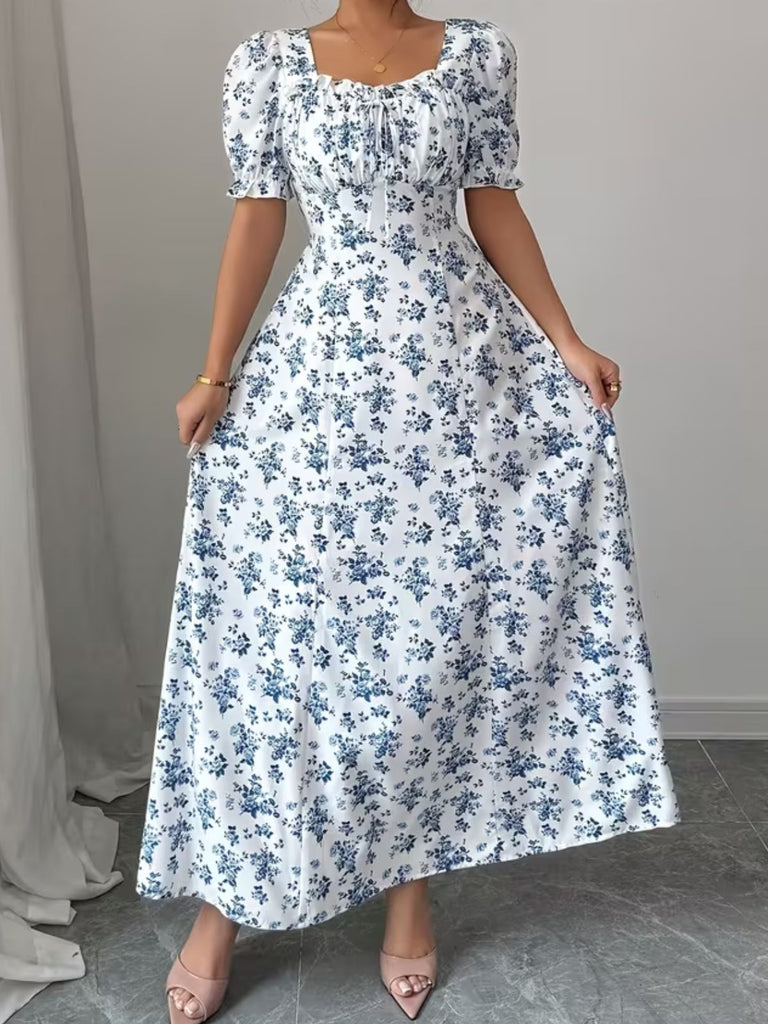 40er Midikleid mit Puffärmel und Blumen