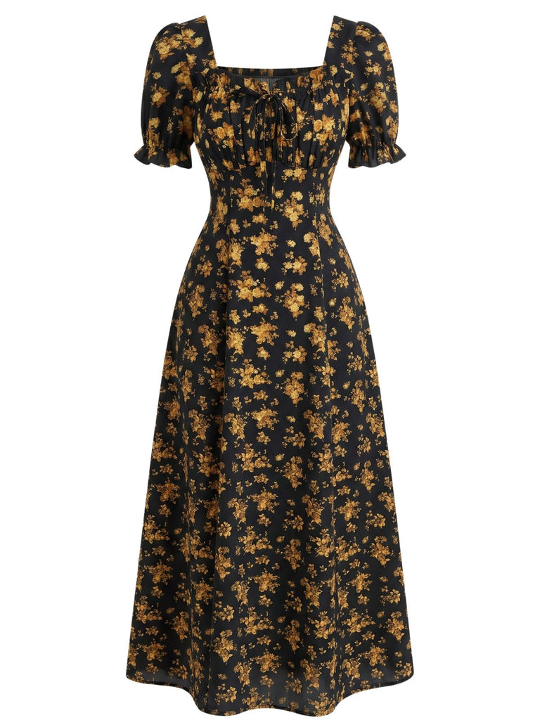 40er Midikleid mit Puffärmel und Blumen