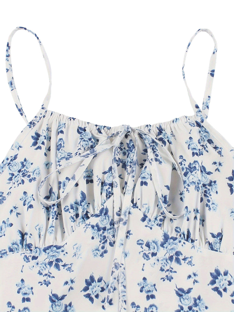 40er Ärmelloses Swingkleid mit Spaghettiträger und Blumen