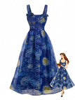 Blaues 40er Swingkleid mit Eckiger Ausschnitt und Schleife