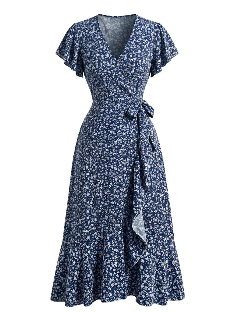 Orange 40er Meerjungfrauenkleid mit Ditsy-Blumen und V-Ausschnitt