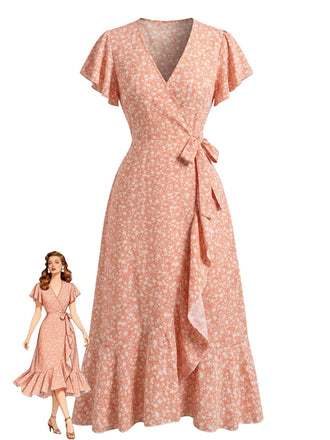 Orange 40er Meerjungfrauenkleid mit Ditsy-Blumen und V-Ausschnitt