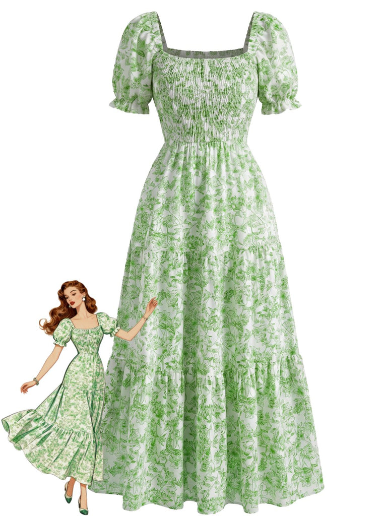 40er Kleid mit Eckiger Ausschnitt und Blumen