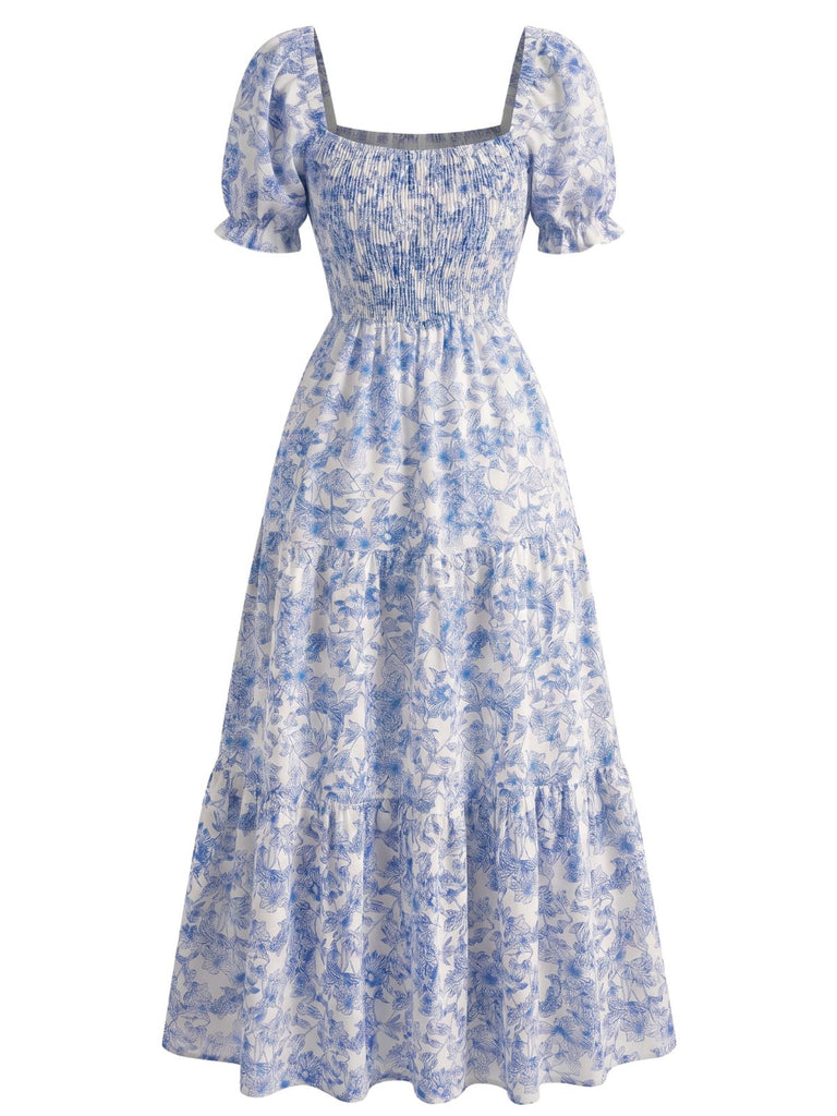 40er Kleid mit Eckiger Ausschnitt und Blumen