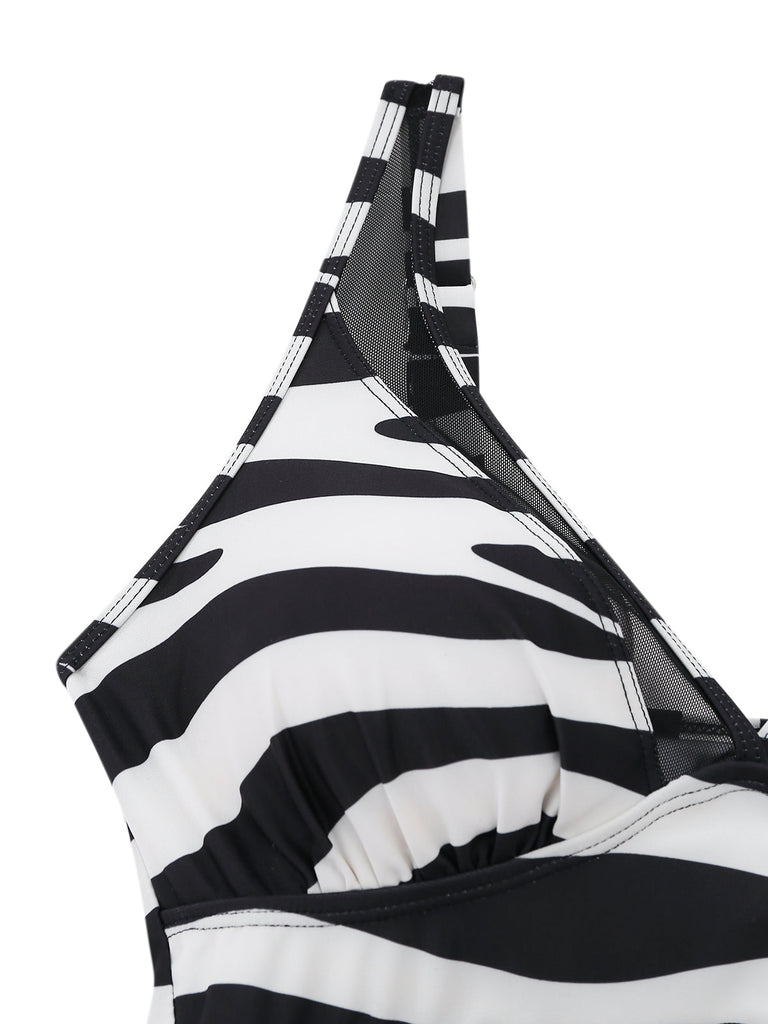 Schwarzer & Weißer 40er Netz-Badeanzug mit Print und Zebra