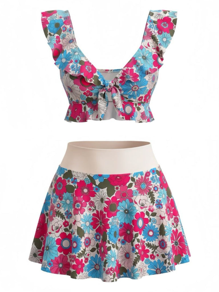 Mehrfarbig 1940er Blumen Rüschen Herzausschnitt Tankini Set