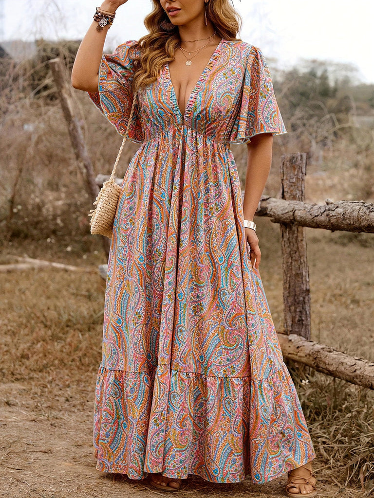 Paisley-Kleid im Vintage-Stil der 1940er Jahre mit V-Ausschnitt – Vintage-Kleid, Retro-Mode