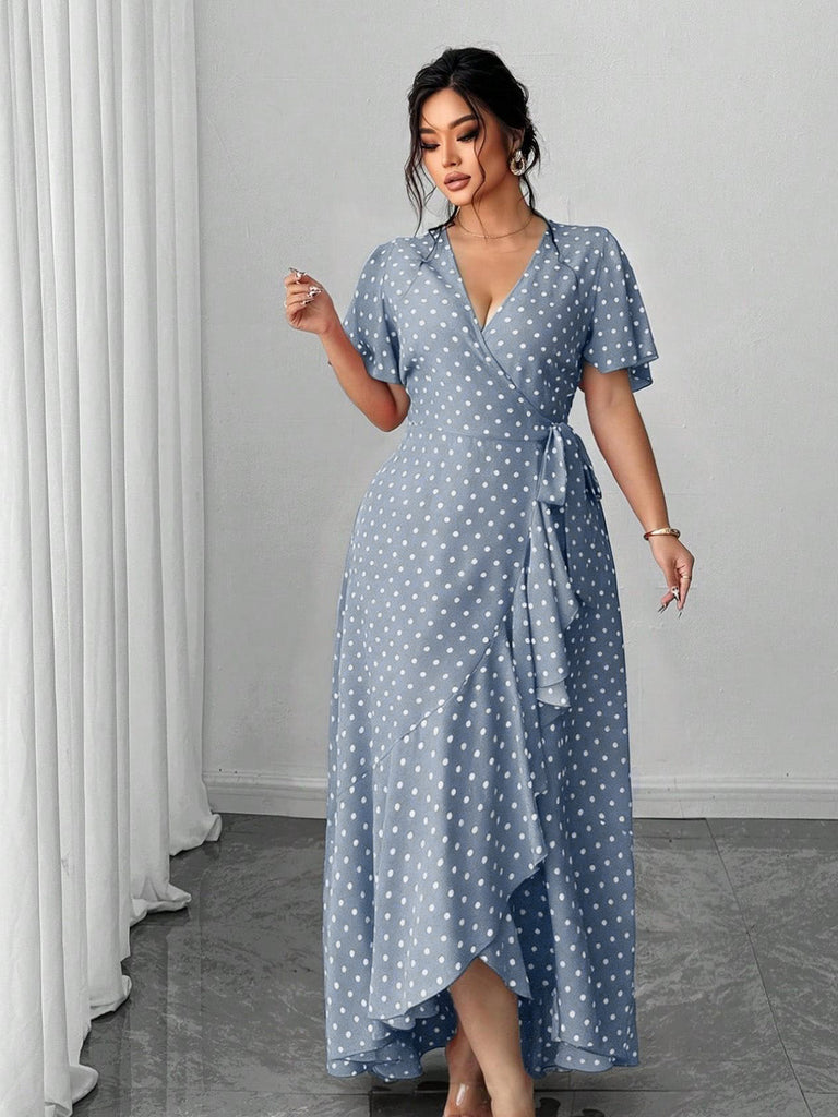 [Übergröße] 40er Maxikleid mit Polka-Dots und V-Ausschnitt