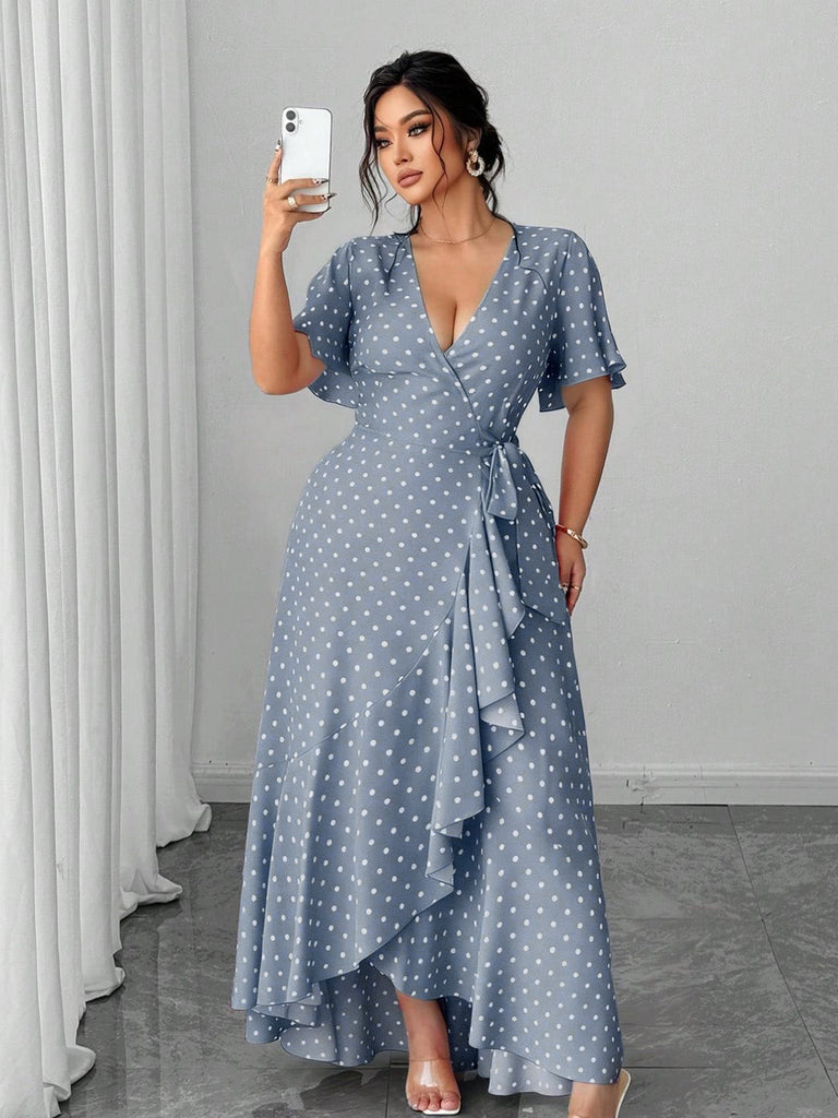 [Übergröße] 40er Maxikleid mit Polka-Dots und V-Ausschnitt