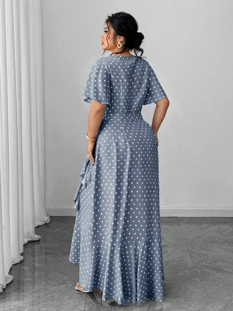 [Übergröße] 40er Maxikleid mit Polka-Dots und V-Ausschnitt