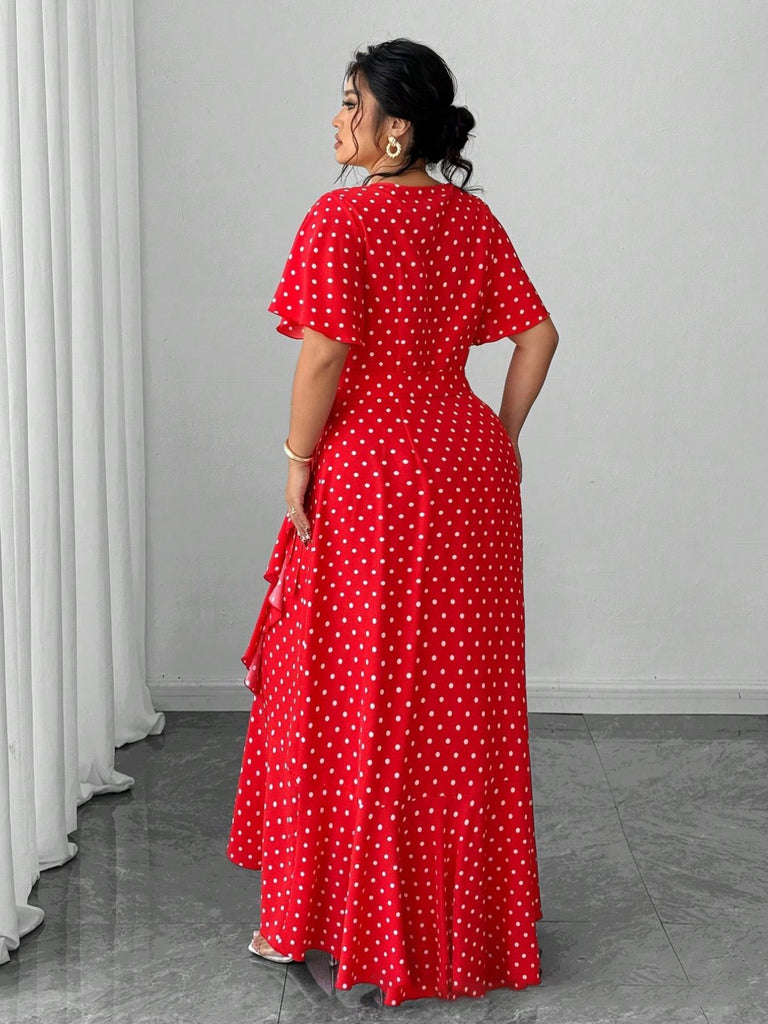 [Übergröße] 40er Maxikleid mit Polka-Dots und V-Ausschnitt