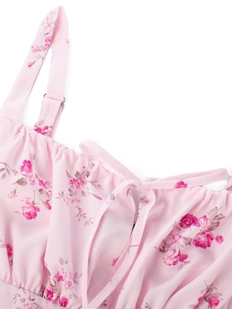 40er Midikleid mit Eckiger Ausschnitt und Blumen