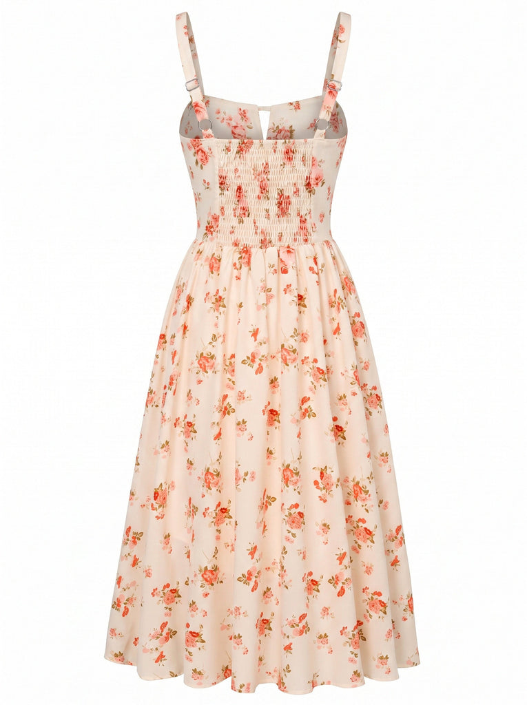 40er Midikleid mit Eckiger Ausschnitt und Blumen