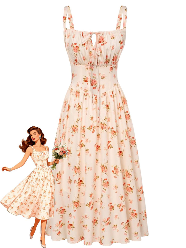 40er Midikleid mit Eckiger Ausschnitt und Blumen