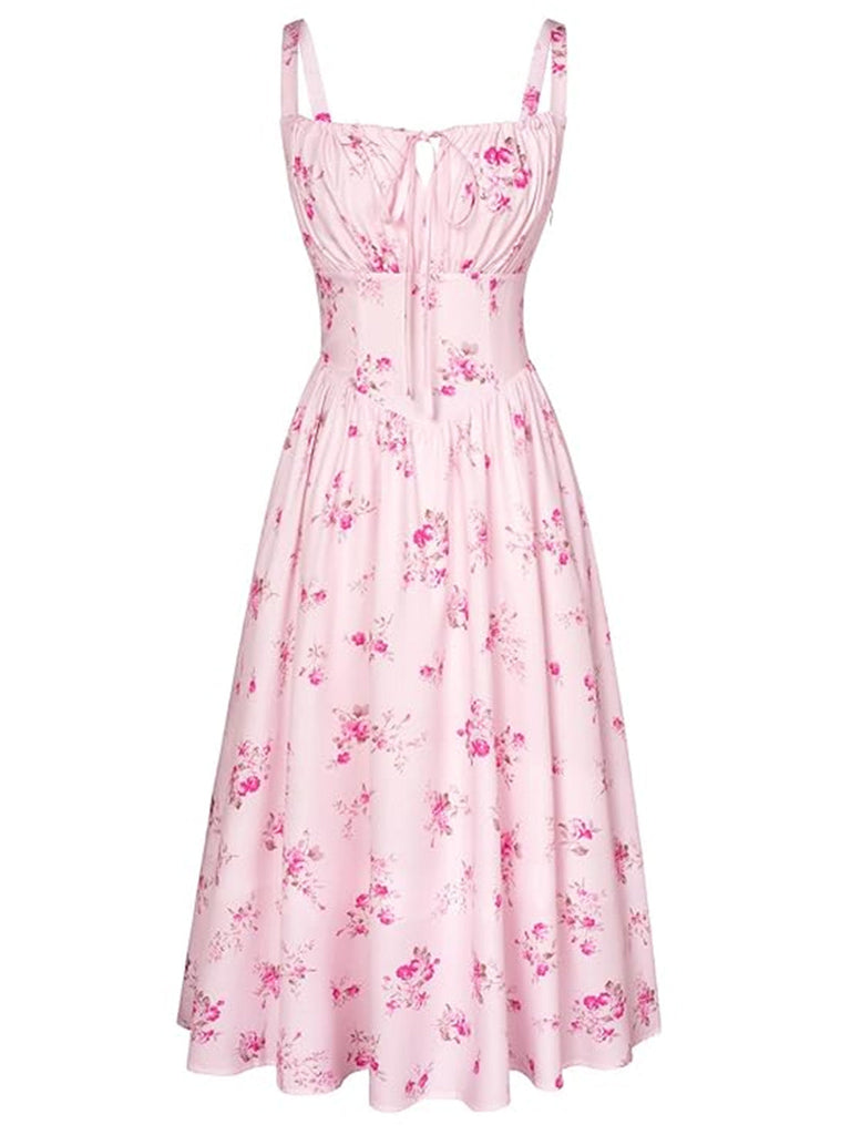 40er Midikleid mit Eckiger Ausschnitt und Blumen