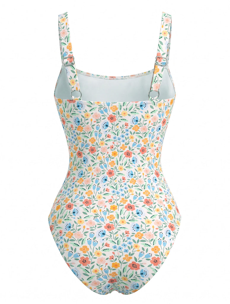 40er Badeanzug mit Ditsy-Blumen und Eckiger Ausschnitt