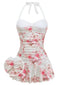 1950er Halter Rosen Gerafft Bauchformend Badeanzugkleid