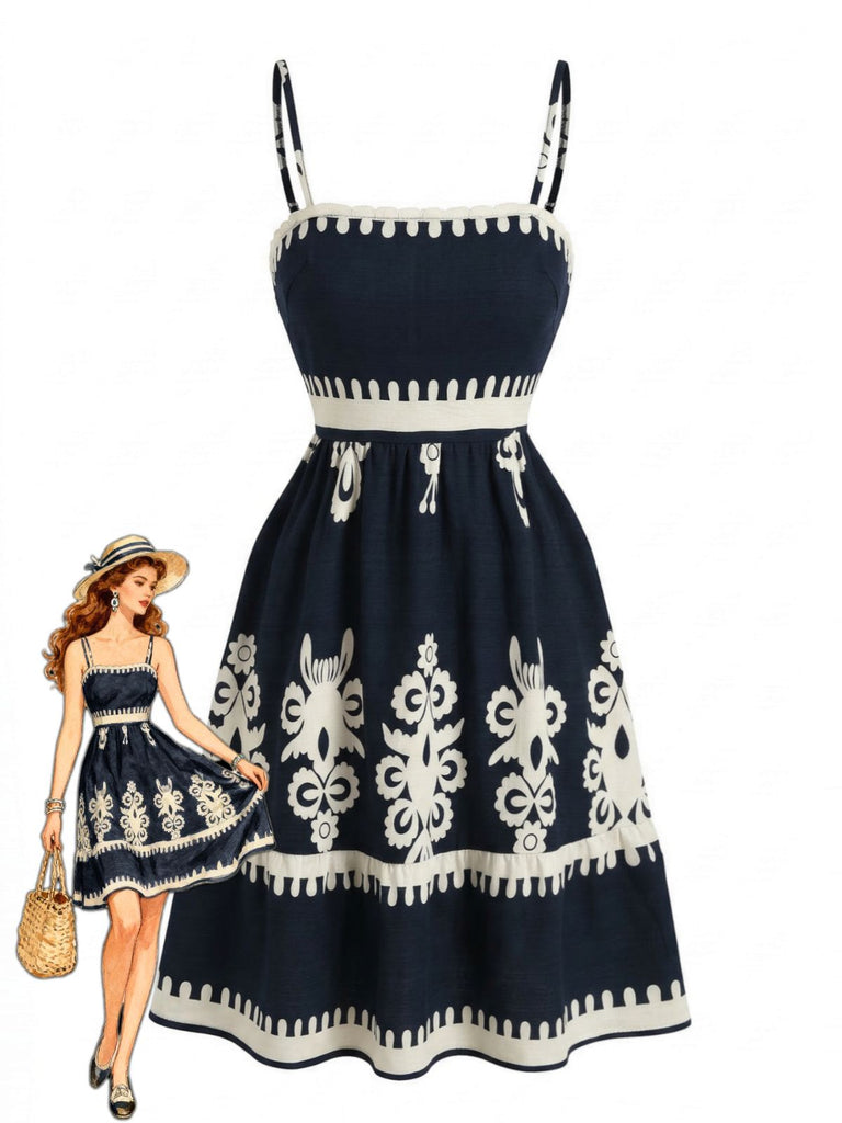 Schwarz 1970er Spaghetti Gurt Bohemien Gesmoktes Kleid