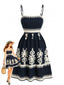 70er Kleid mit Spaghettiträgern und Smok in Schwarz, Boho-Stil
