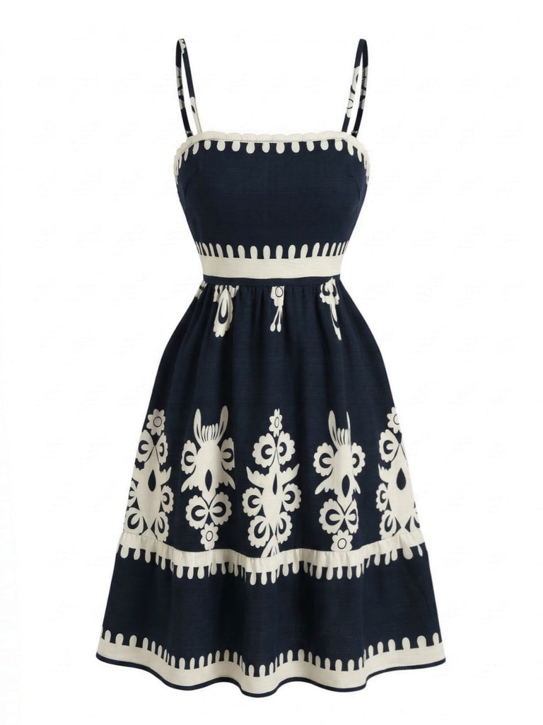 Schwarz 1970er Spaghetti Gurt Bohemien Gesmoktes Kleid