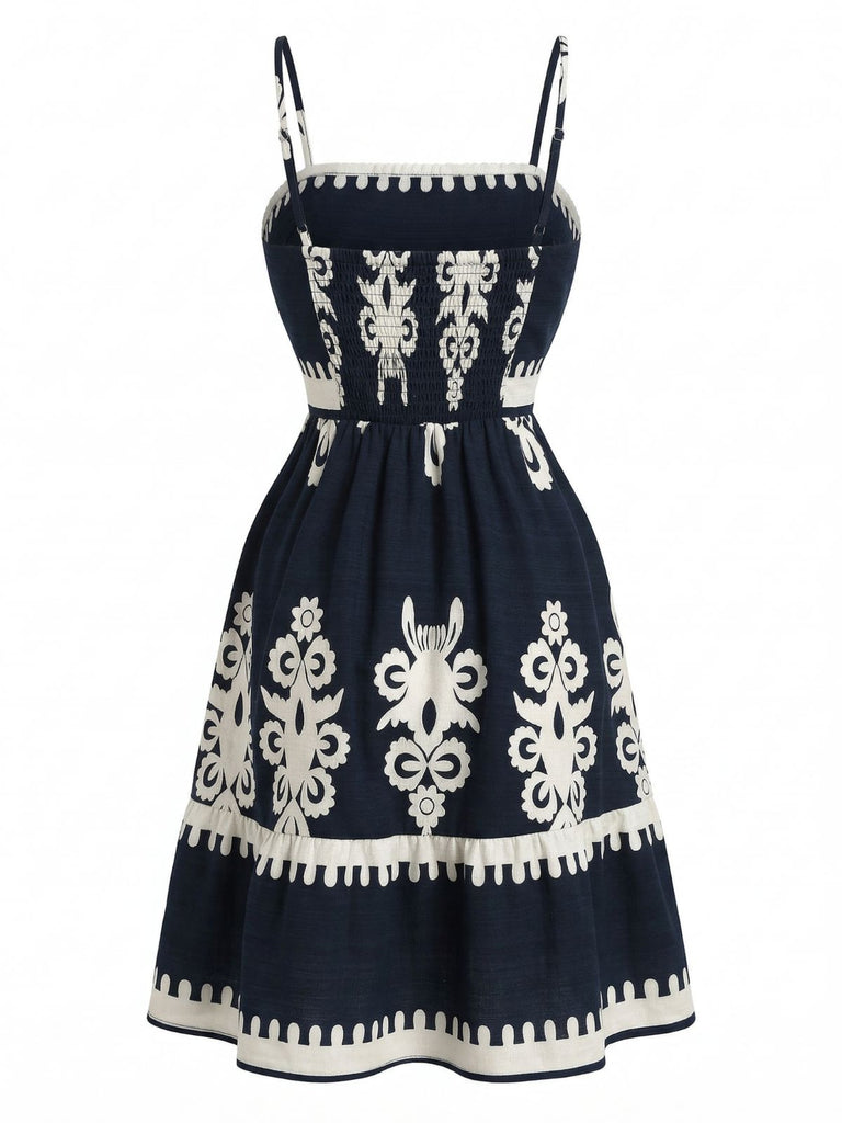 Schwarz 1970er Spaghetti Gurt Bohemien Gesmoktes Kleid
