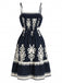 Schwarz 1970er Spaghetti Gurt Bohemien Gesmoktes Kleid