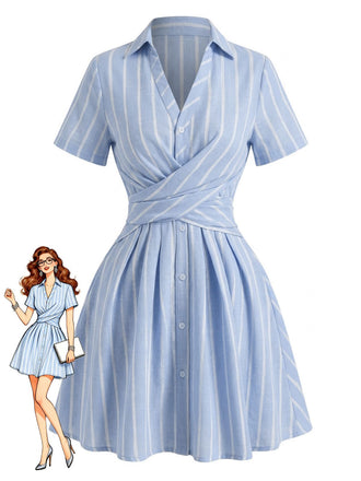 Blaues, vertikal gestreiftes Kleid im Stil der 1950er Jahre mit Johnny-Kragen und gekreuzten Trägern – Vintage-Kleid, Retro-Mode, Rockabilly