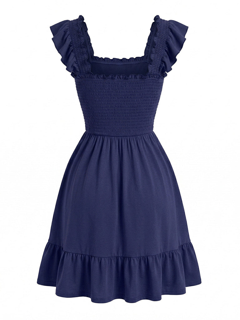 50er Smockkleid mit Eckiger Ausschnitt und Rüschen