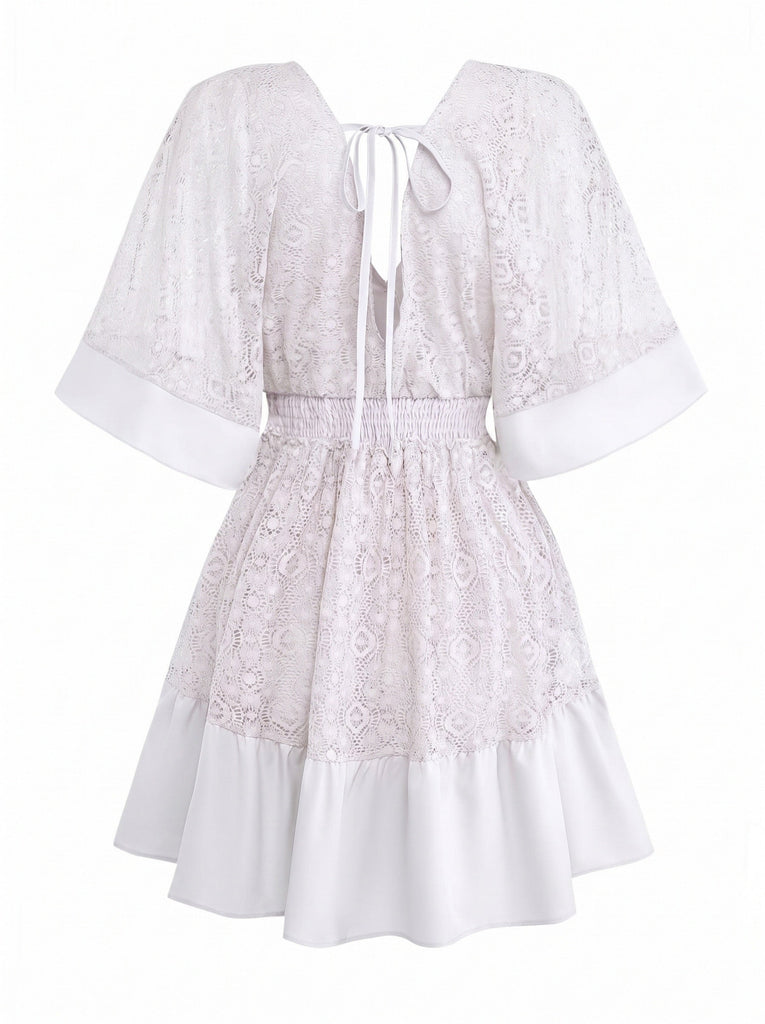70er Kleid mit V-Ausschnitt und Patchwork