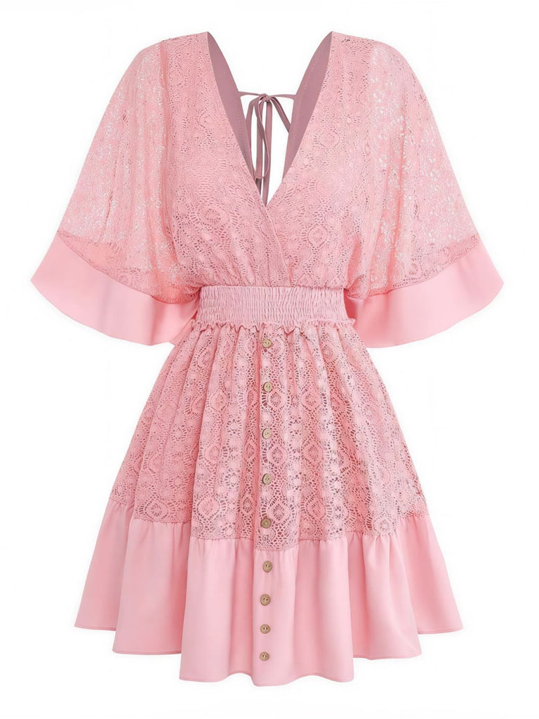70er Kleid mit V-Ausschnitt und Patchwork