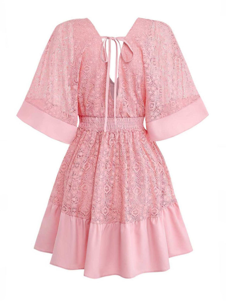 70er Kleid mit V-Ausschnitt und Patchwork
