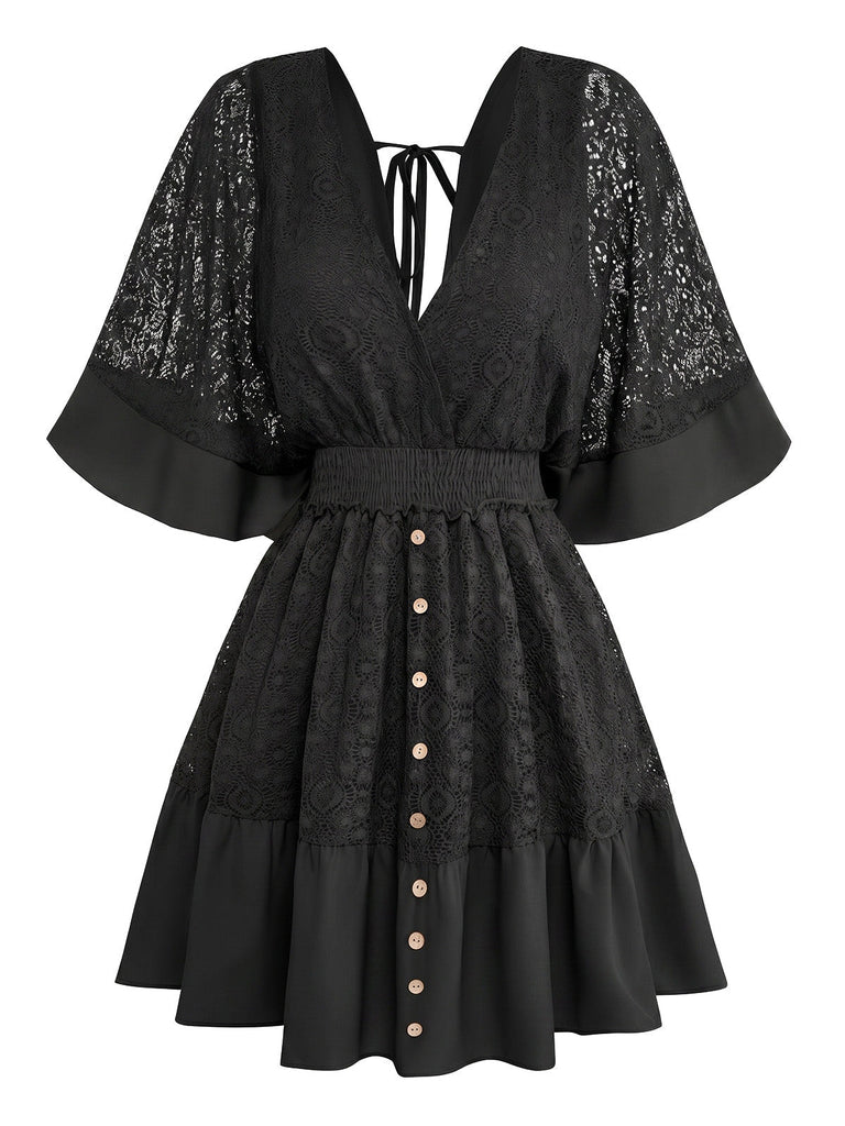 70er Kleid mit V-Ausschnitt und Patchwork