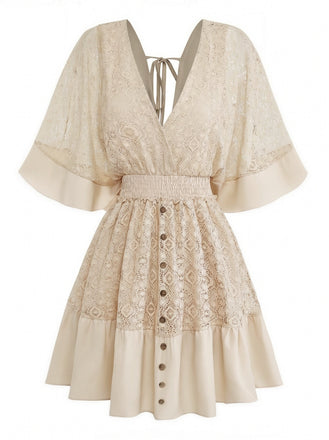70er Kleid mit V-Ausschnitt und Patchwork
