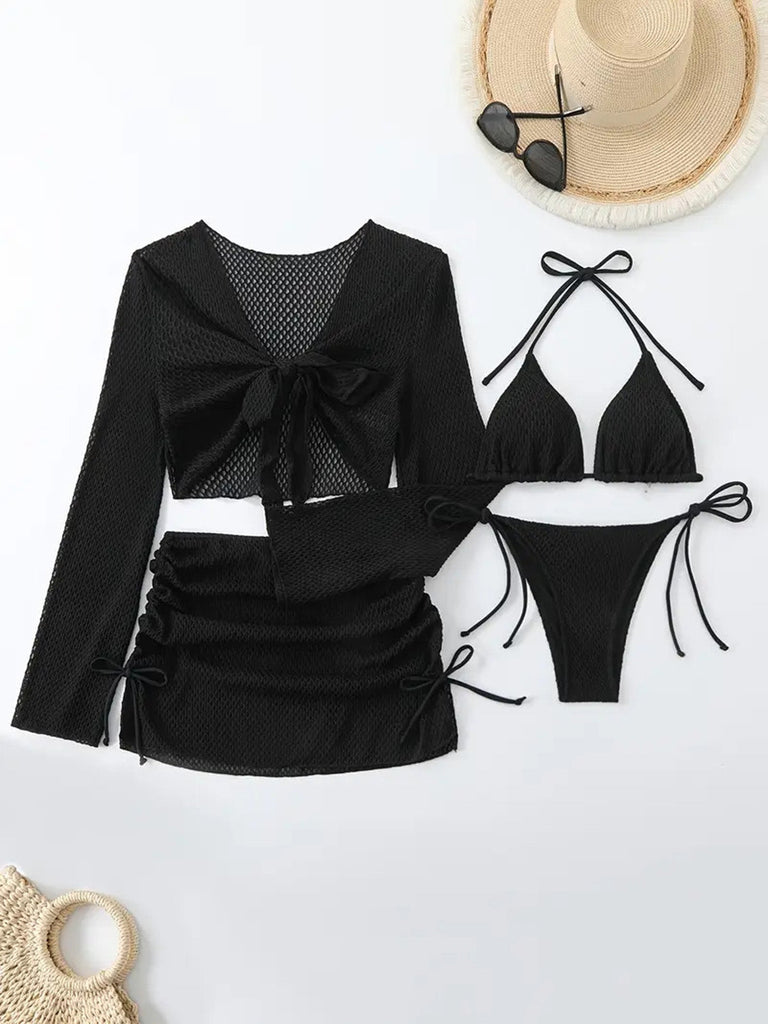 50er Bikini-Set & Shorts & Cover-Up mit Neckholder und Häkelarbeit