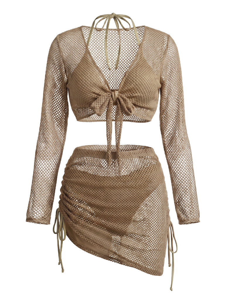 50er Bikini-Set & Shorts & Cover-Up mit Neckholder und Häkelarbeit
