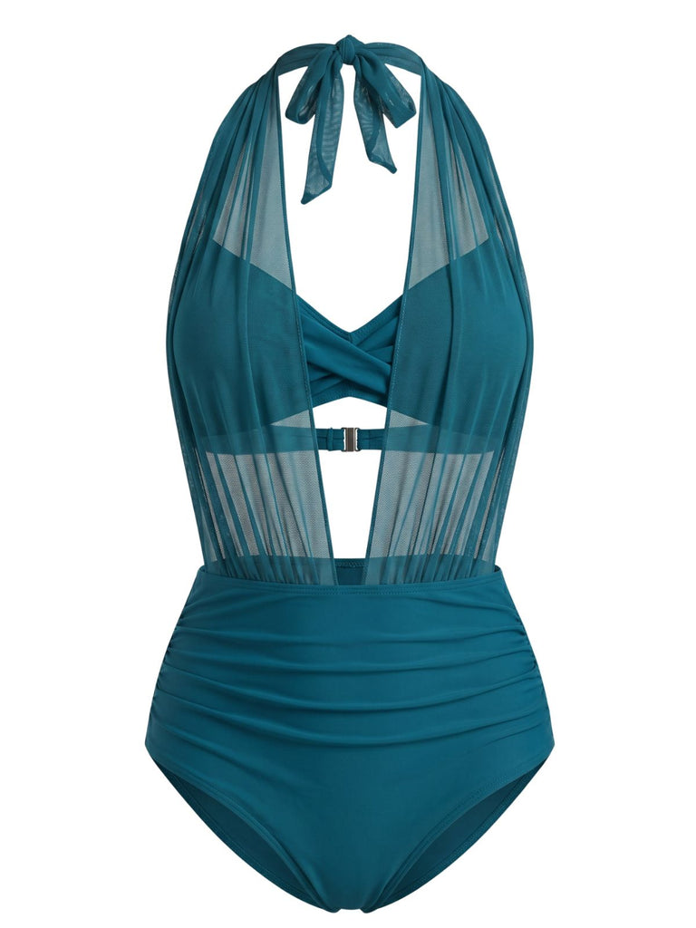 50er Netz-Bikini-Set mit Neckholder und Raffung
