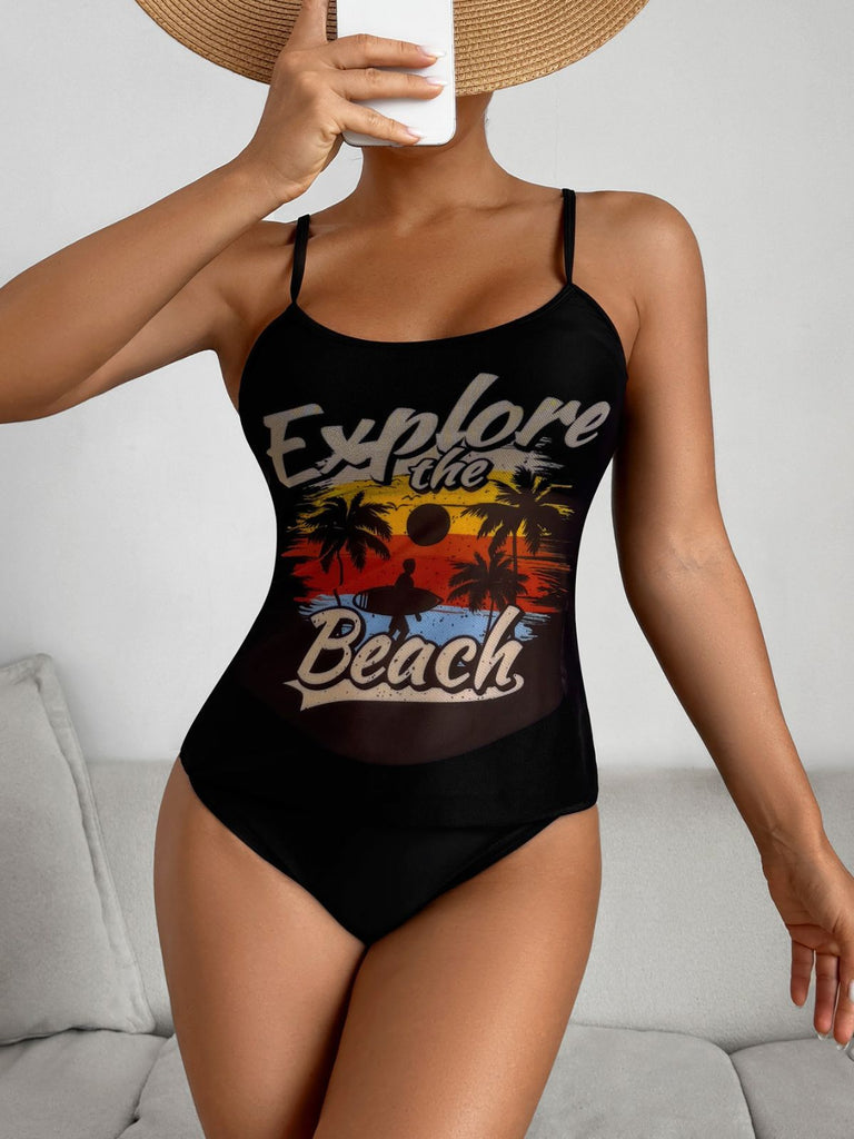 1950er Palme Baum Spaghetti Gurt Netz Tankini Set
