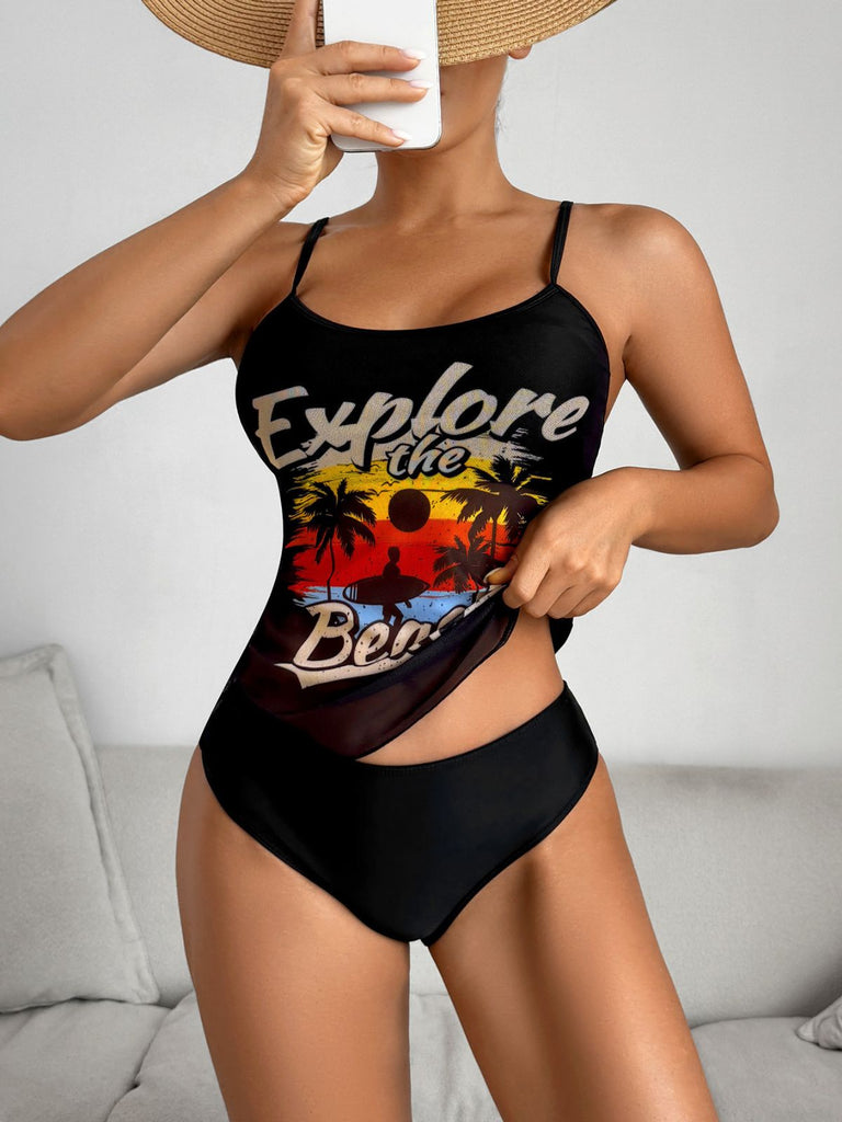 1950er Palme Baum Spaghetti Gurt Netz Tankini Set