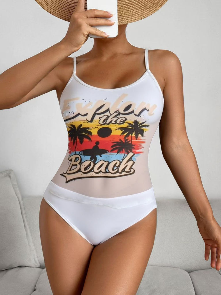 1950er Palme Baum Spaghetti Gurt Netz Tankini Set