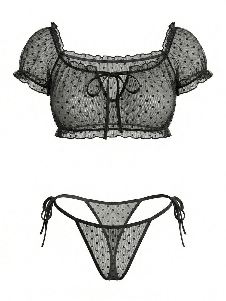50er schulterfreies Netz-Reizwäsche mit Polka-Dots