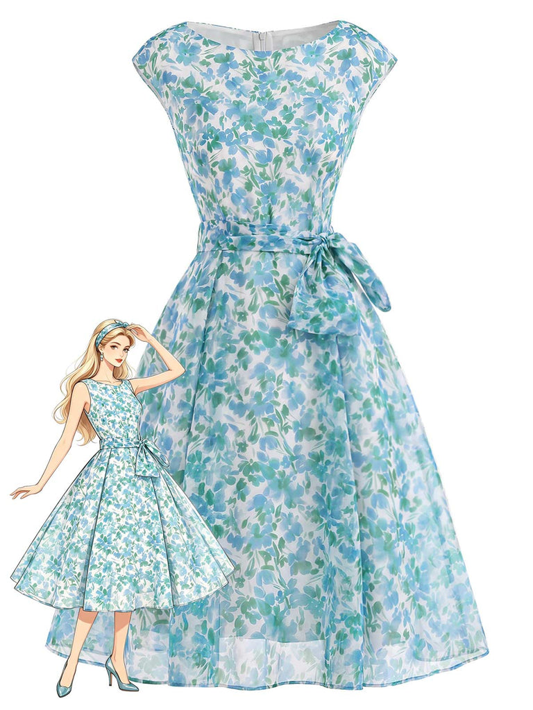 50er Swingkleid mit Bootskragen und Blumen